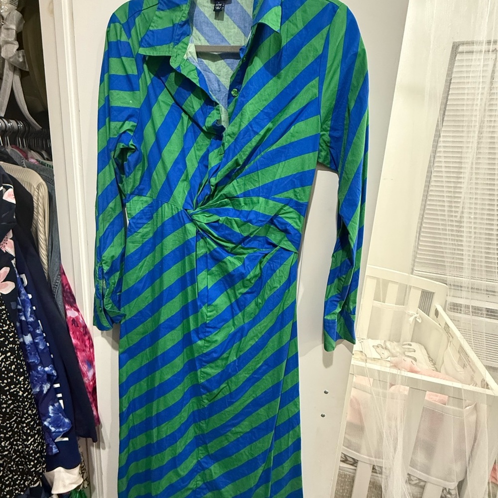 Scoop NYC Green and Blue Striped Midi Dress